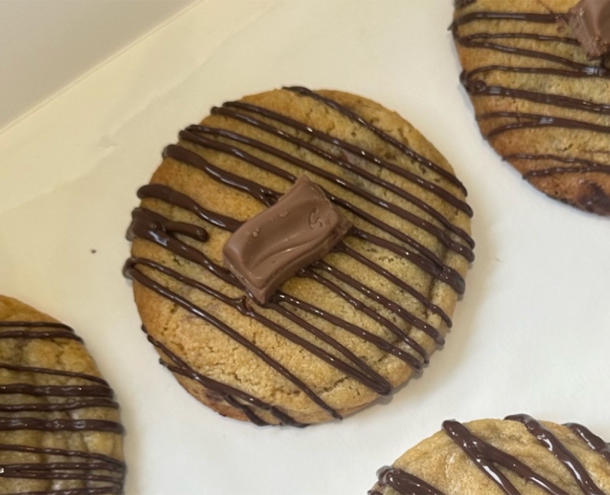 Custom chocolate chip cookie with milk chocolate drizzle